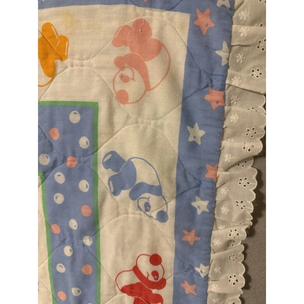 Vintage 80s Soft Colorful Baby Blanket Bears Ruffle Crib Comforter Quilt Nursery